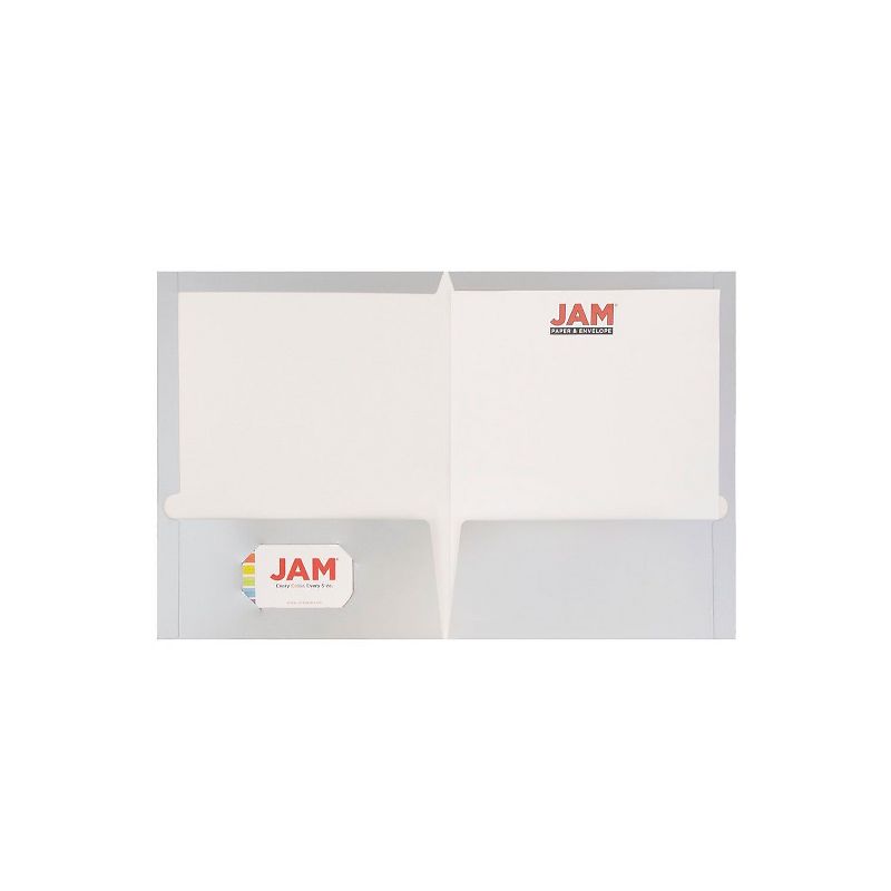 JAM Paper Laminated Two-Pocket Glossy Presentation Folders Silver Bulk 50/Box 385GSIC, 3 of 10