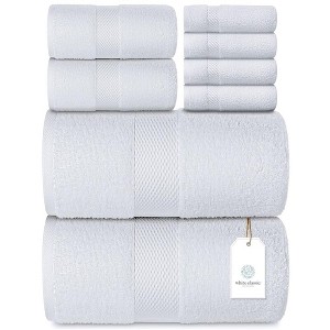 White Classic Luxury 100% Cotton 8 Piece Towel Set - 4x Washcloths, 2x Hand, and 2x Bath Towels - 1 of 4
