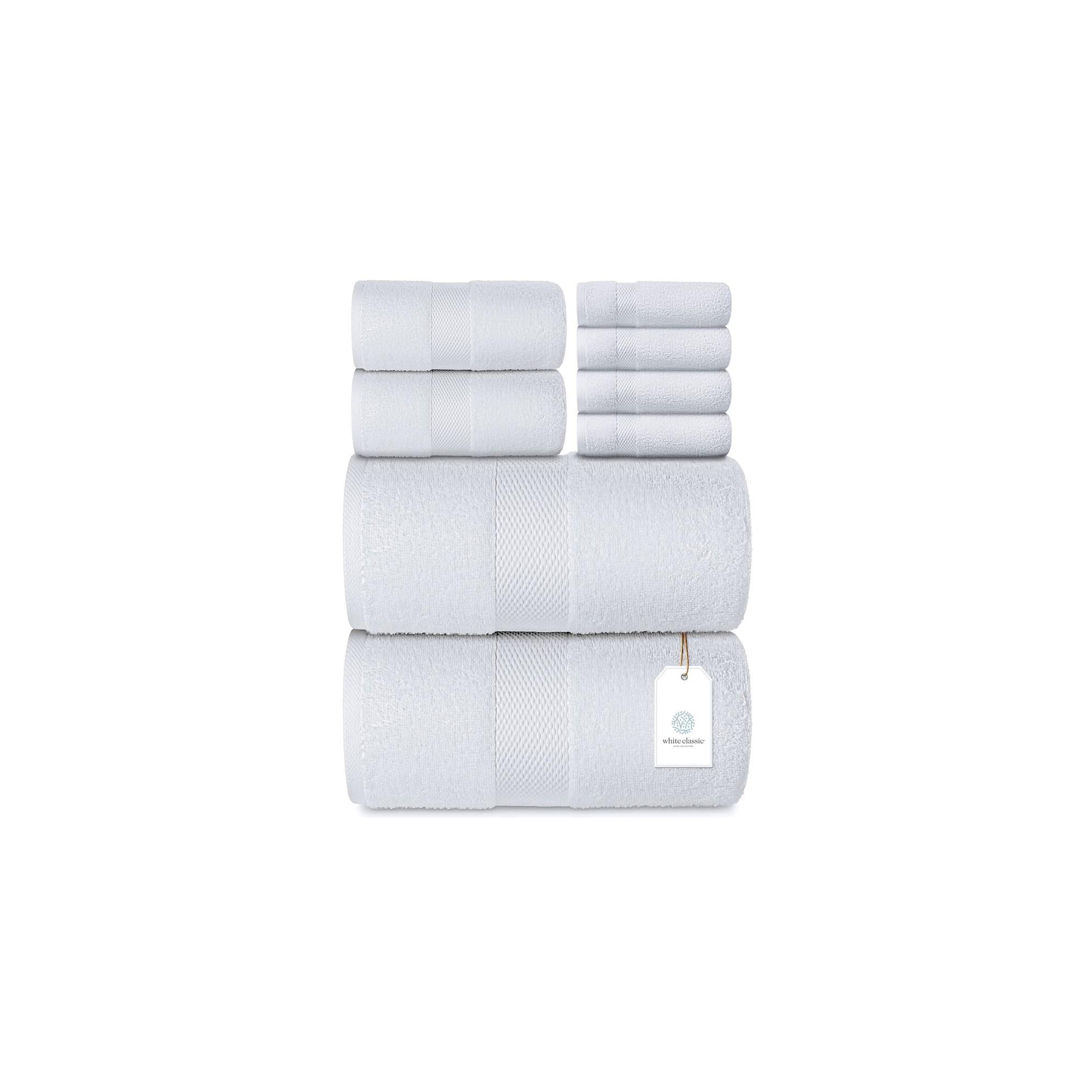 White Classic Luxury 100% Cotton 8 Piece Towel Set - 4x Washcloths, 2x Hand, and 2x Bath Towels - White