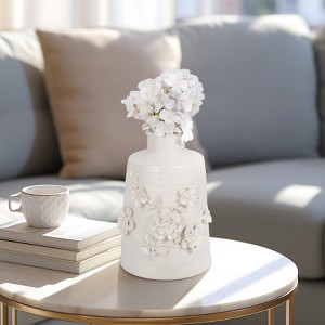 Ceramic Vase - Floral Embossed Ceramic, Boho Glam Decorative Accent for Home, Office, Bedroom, Living Room - Elegant Modern Flower Design - 11" White - 1 of 4