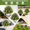 Set of 2 Artificial Boxwood Ball Topiary Trees with Flowers, Fake Outdoor Shrubs with Ground Spikes for Porch Garden Patio - 3 of 4