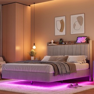 Floating Bed Frame with Charging Station, Upholstered Platform Bed - 1 of 4
