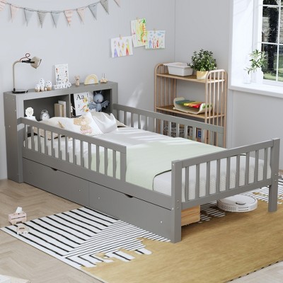 JUJABU Twin Size Bed with Headboard Storage Rack, 2 Under-Bed Drawers & 3-Side Safety Guardrails
