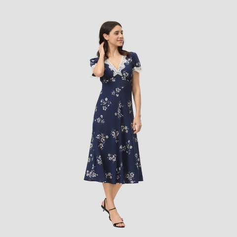 Женские платья A New Day Women's Cap Sleeve Lace Trim Midi Dress - A New Day™ Navy Blue Floral M