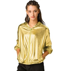 INSPIRE CHIC Women's Holographic Shiny Long Sleeve Zipper Hooded Metallic Jacket - 1 of 4