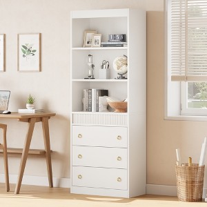 Garvee Fluted Bookshelf 70.8" Bookcase with 3 Drawers, Tall Bookshelf with Waved Design Light Wood 31.5" Wide - 1 of 4