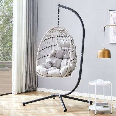 Gray Heavy-Duty Hanging Egg Chair with Stand,Wicker Swing for Indoor/Outdoor Use,Cushioned Single Person Hammock Seat–The Pop Home