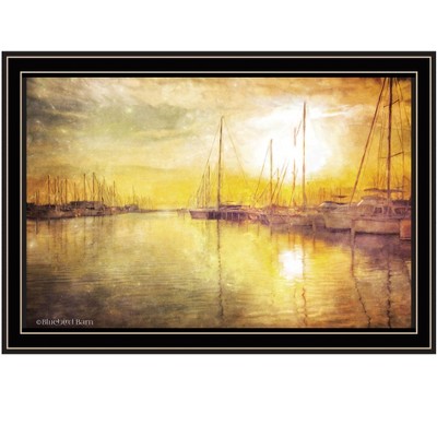 HomeRoots Yellow Sunset Boats In Marina Black Framed Print Wall Art