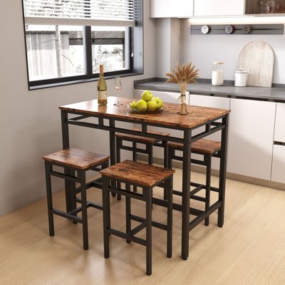 PAGED 5-Piece Bar Table Set with 4 PU Leather Bar Stools & 1 Modern Dining Table for Kitchen/Dining Room