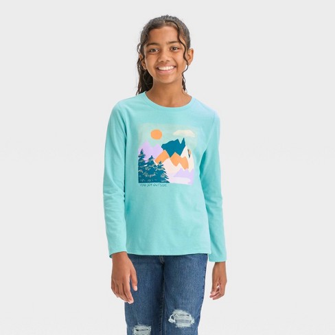 Girls' Long Sleeve 'mountains' Graphic T-shirt - Cat & Jack™ Aqua Blue L  Plus : Target