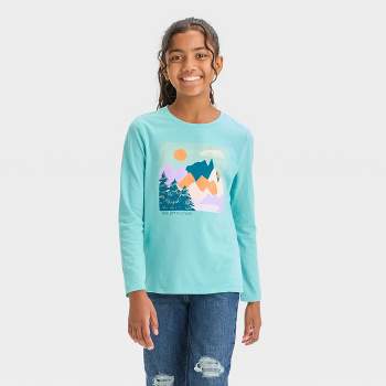 Girls' Long Sleeve 'Mountains' Graphic T-Shirt - Cat & Jack™ Aqua Blue