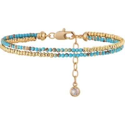 Women Beaded Bracelet Gold Double Layer Gemstone 14K Simple Dainty Handmade Chain Everyday Boho Beach Jewelry