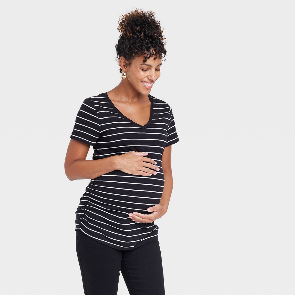 Isabel Maternity Side Shirred Vneck Tee Black w/ white stripes XXL