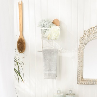 Antique White Metal Farmhouse Toilet Paper Holder with Storage Basket