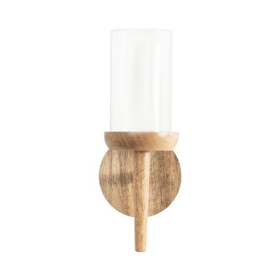 Natural Mango Wood and Glass Wall Sconce, 5x5x13