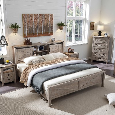 SinCiDo Farmhouse Bed Frame,w/Charging Station, Storage Bookcase Headboard,Sliding Barn Door,No Box Spring Needed, w/Wood Slats Support