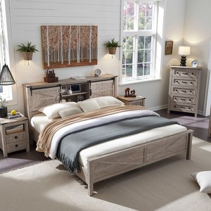SinCiDo Farmhouse Bed Frame,w/Charging Station, Storage Bookcase Headboard,Sliding Barn Door,No Box Spring Needed, w/Wood Slats Support - 1 of 4