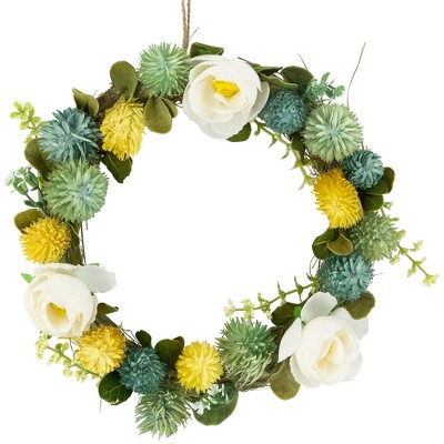 Northlight 9" Cream Rose, Green and Yellow Thistle Hanging Spring Wreath