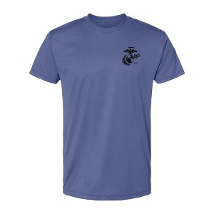 OUTSIDE THE WIRE Leatherneck for Life Heather Royal Left Chest Eagle, Globe, and Anchor Established Performance T-Shirt- Black Logo - 1 of 3