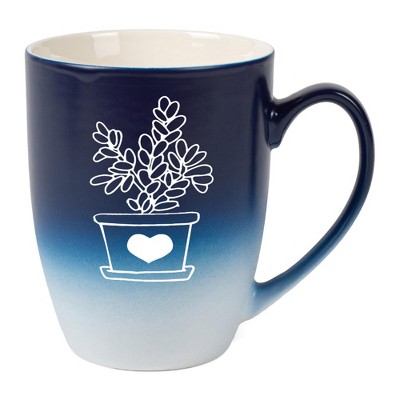 Elanze Designs Botanical Succulent Nature Coffee Cup Mug 12 Ounce Ceramic With Ombre Gradient Elegant Minimalist Jade Plant Silhouette Navy Blue and