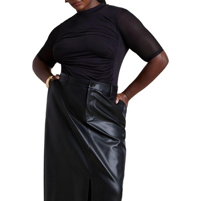 ELOQUII Shirred Mockneck Top With Sheer Sleeve