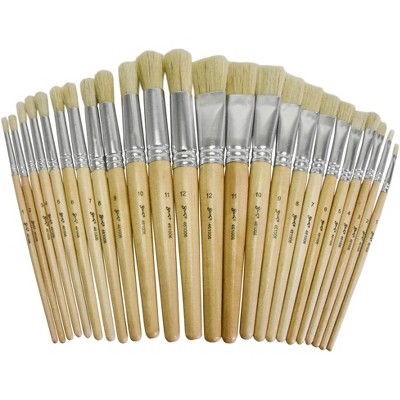 Sax White Bristle Paint Brushes with Short Wooden Handles, Flat and Round Assorted Sizes, Set of 24