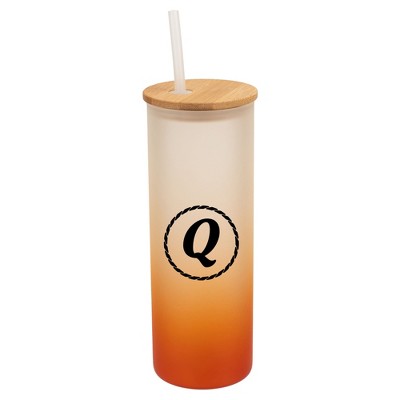 Elanze Designs Q Monogram Letter Initial Rope Circle Wrap-Around Design 25 Ounce Frosted Gradient Glass On-The-Go Coffee Travel Skinny Tumbler Mug