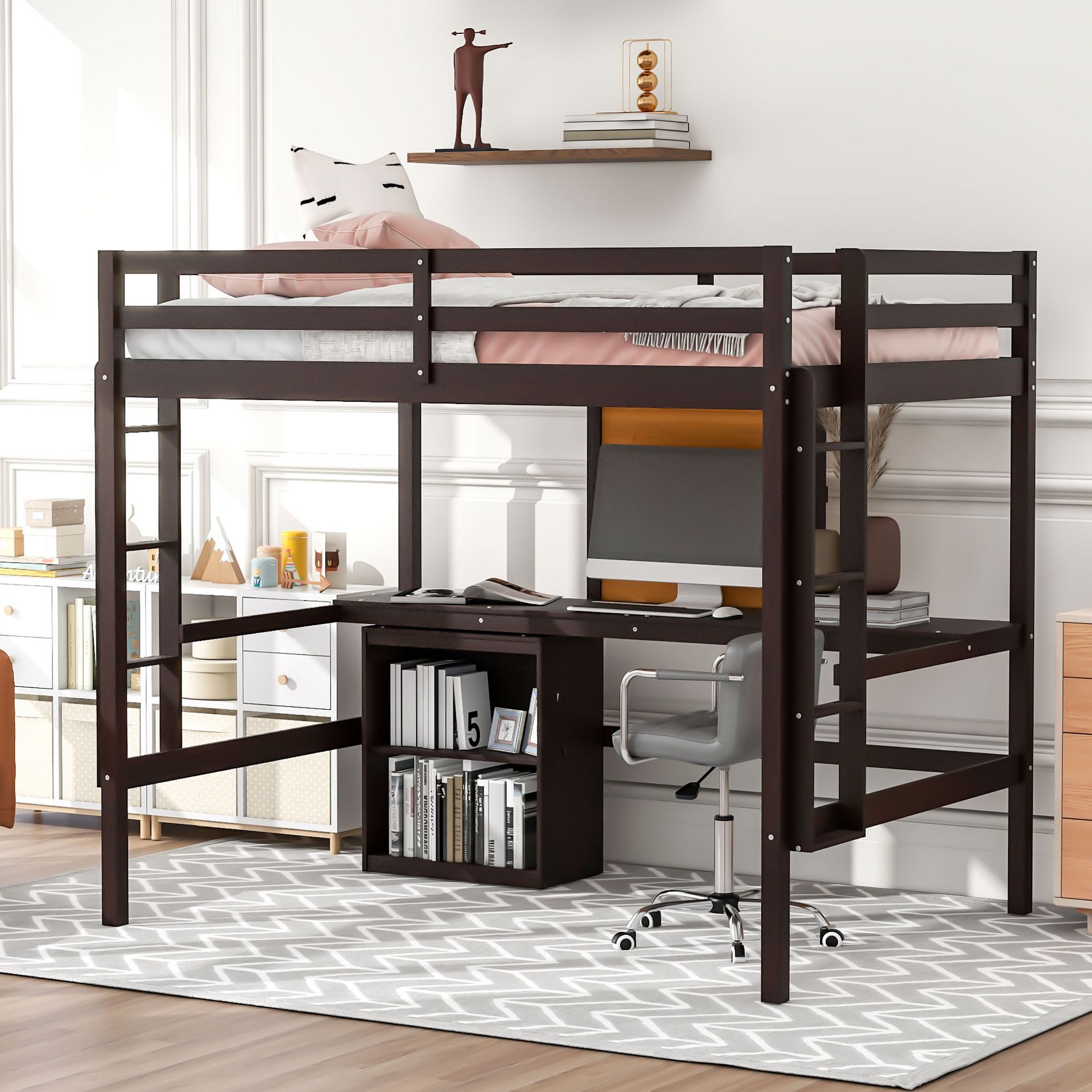 Full Size Wooden Loft Bed with Desk, Writing Board and 2 Drawers Cabinet, Espresso - ModernLuxe