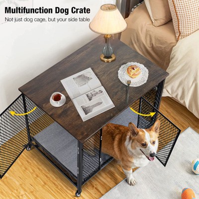 Large Black Metal Dog Crate Table with Casters