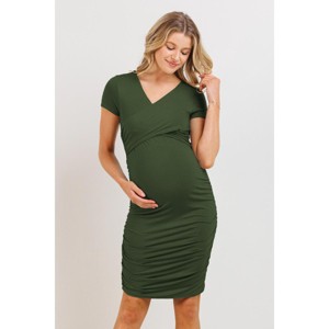 Hello Miz Women's Short Sleeve V Neck Wrap Fitted Maternity Dress - 1 of 4