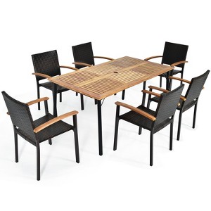 Tangkula 7 PCS Patio Rattan Dining Furniture Set Armrest Chairs Wooden Table - 1 of 4