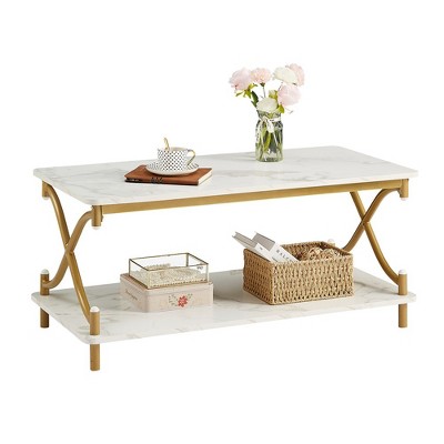VECELO Wooden Coffee Table with Storage and Open Shelves Modern Rectangle Table with X-Shaped Frame
