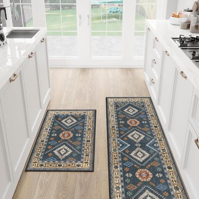 DOMETOUR Boho Kitchen Rugs Set 2 Piece Washable Throw Rugs with Rubber Backing Non Slip Floor Mats for Kitchen, Laundry Room, Entryway