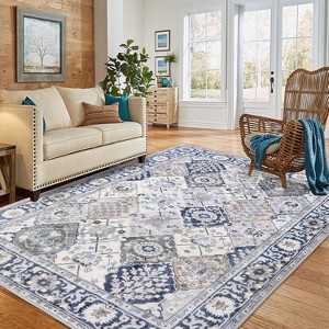 Boho Vintage Low-Pile Geometric Rug, Washable and Non-Slip, Ideal for Bedroom, Dining Area, and Office Floors, 8'x10', Beige Blue - 1 of 4