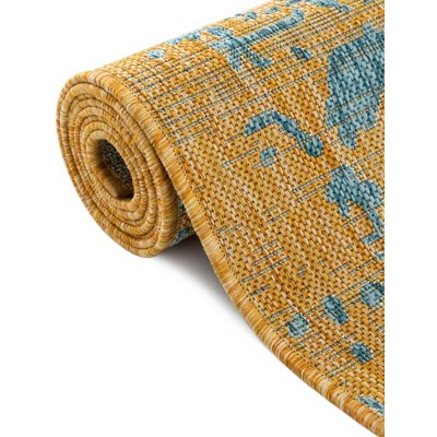 Yellow and Aqua Square Medallion Outdoor Rug