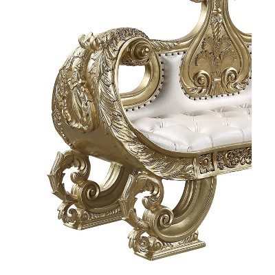 Bernadette White and Gold Synthetic Leather Bench with Intricate Scrollwork