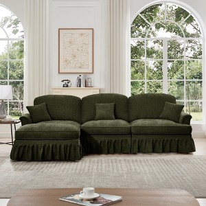 L-Shaped Sectional Sofa with Flared Arms, Removable Ruffles Pleats Skirts & Spindle Legs, Chenille Deep Seat Couch with Movable Ottoman - 1 of 4