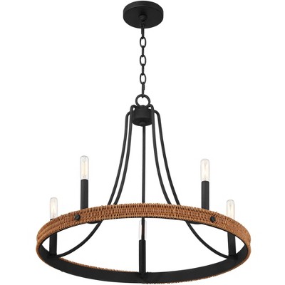 Black Metal and Woven Wood 6-Light Chandelier