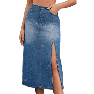 INSPIRE CHIC Women's Denim Casual Side Split A Line Stretchy Pencil High Waist Midi Skirts - 1 of 4
