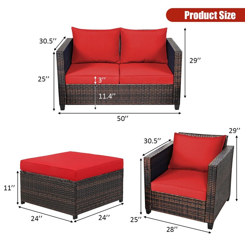 Costway 5PCS Patio Rattan Furniture Set Loveseat Sofa Ottoman Cushioned Red\White, 4 of 11