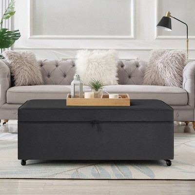 CAVINAS Linen Fabric Storage Ottoman Bench with Wheels,Upholstered Storage Ottoman,Storage Bench for Living Room,Bedroom