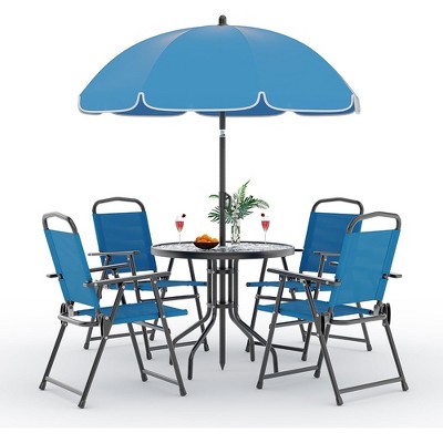 Patio Dining Set for 4 With Umbrella, Outdoor Furniture Set With 4 Folding Dining Chairs