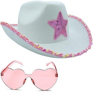 4E's Novelty 2 Sets White Cowgirl Hat with Pink Star & Sunglasses – Sparkly Costume - 1 of 4