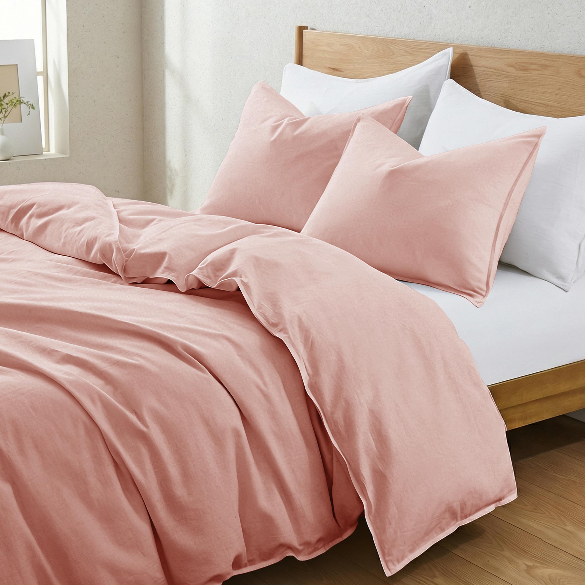 Peace Nest Classic Linen Cotton Bedding Set, Woven 55% Linen 45% Cotton Duvet Cover and Pillow Shams, Soft & Breathable, Pink, King