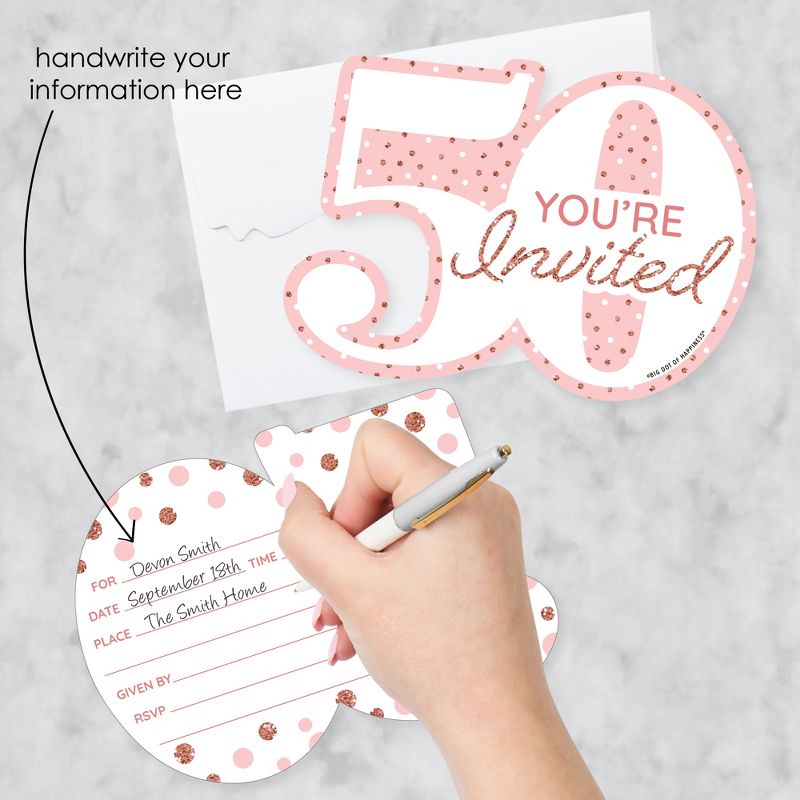 Big Dot of Happiness 50th Pink Rose Gold Birthday - Shaped Fill-In Invitations - Happy Birthday Party Invitation Cards with Envelopes - Set of 12, 2 of 8