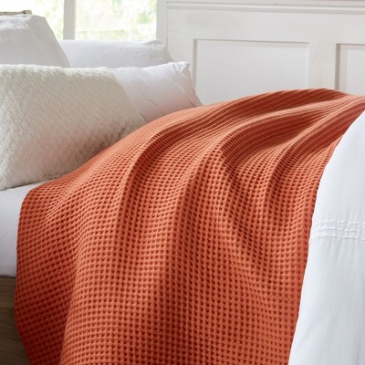 Full Burnt Orange Cotton Waffle Weave Bed Blanket