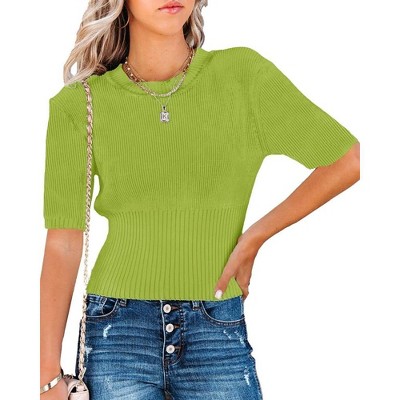 Womens Short Sleeve Sweaters Tops Crewneck Ribbed Pullover Shirt Soft Slim Fit Knit Sweater Blouse
