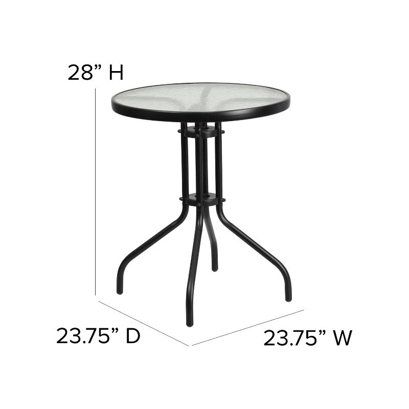 Emma and Oliver Three Piece Patio Table Set with Round Metal Frame Table with Tempered Glass Top and Two Flex Comfort Stacking Chairs, 5 of 11