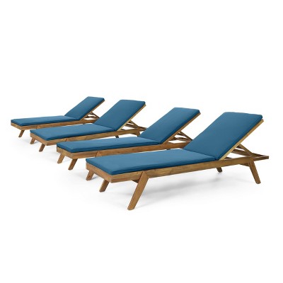 Caily 4pk Outdoor Acacia Wood Chaise Lounges with Cushions - Teak/Blue - Christopher Knight Home