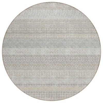 8' Ivory Round Striped Washable Indoor Outdoor Area Rug